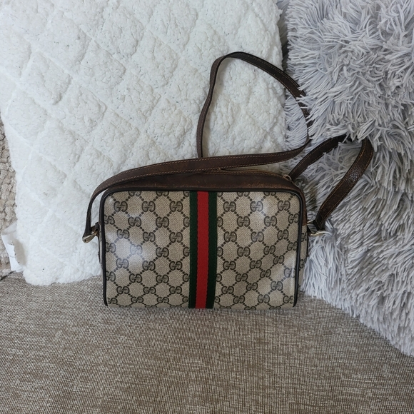 Gucci "GG" Supreme Sherry Web Camera Brown Leather Coated Canvas Cross Body - Picture 2 of 13